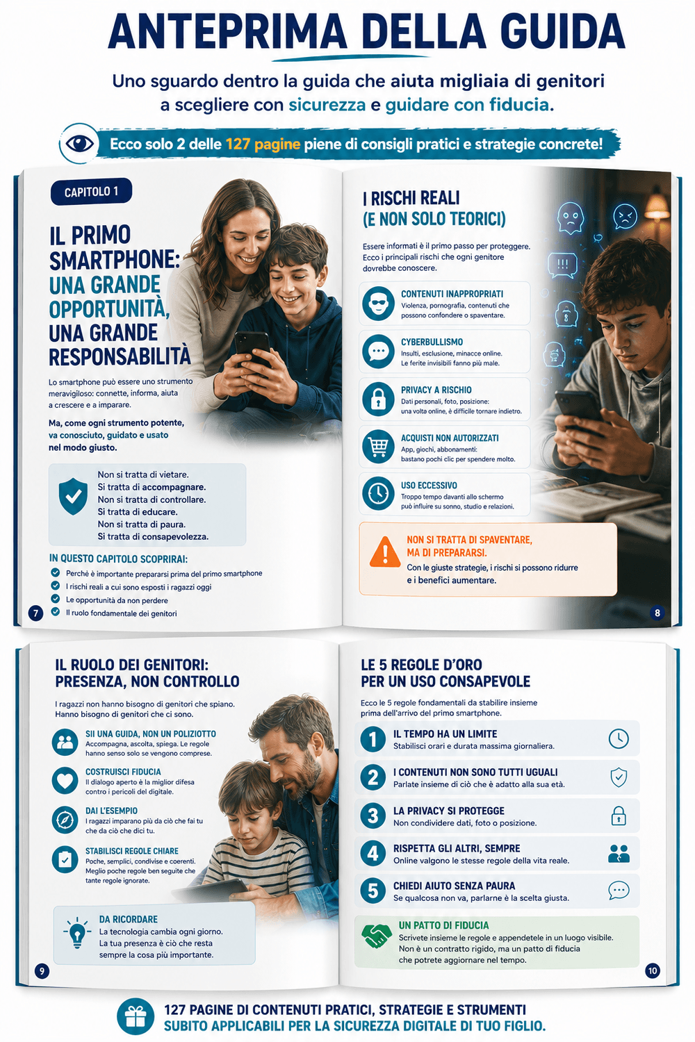 Anteprima delle pagine del manuale Primo Smartphone Sicuro: consigli per genitori su come gestire la responsabilità del primo telefono dei figli, i rischi reali come contenuti inappropriati e acquisti non autorizzati, il ruolo di guida dei genitori anziché di controllo, e le 5 regole d'oro per stabilire un uso consapevole del cellulare, tra cui limiti di tempo, privacy e un patto di fiducia in famiglia.