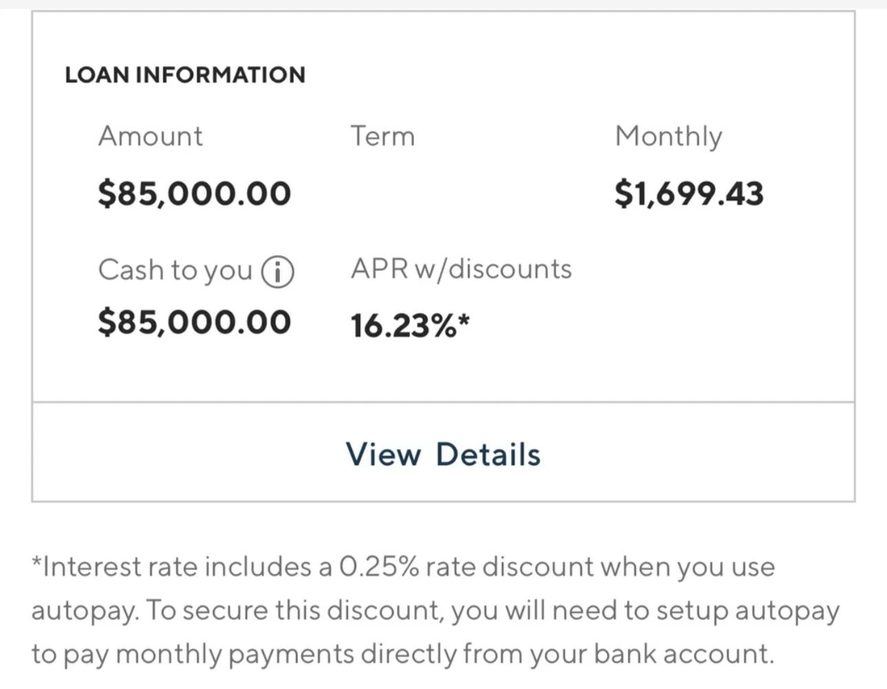 Client personal loan funding screenshot
