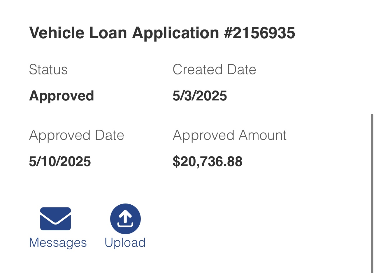 Client auto loan approval screenshot
