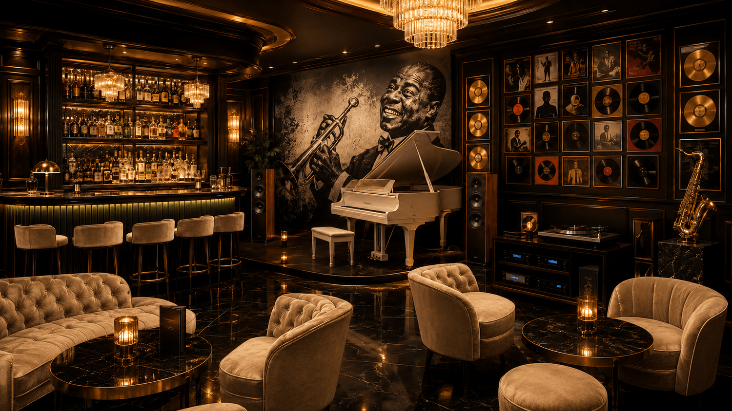 Luxury jazz lounge with bar, piano and music wall
