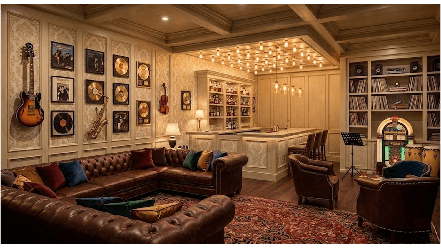 Rock heritage lounge with leather sofa, guitars and jukebox