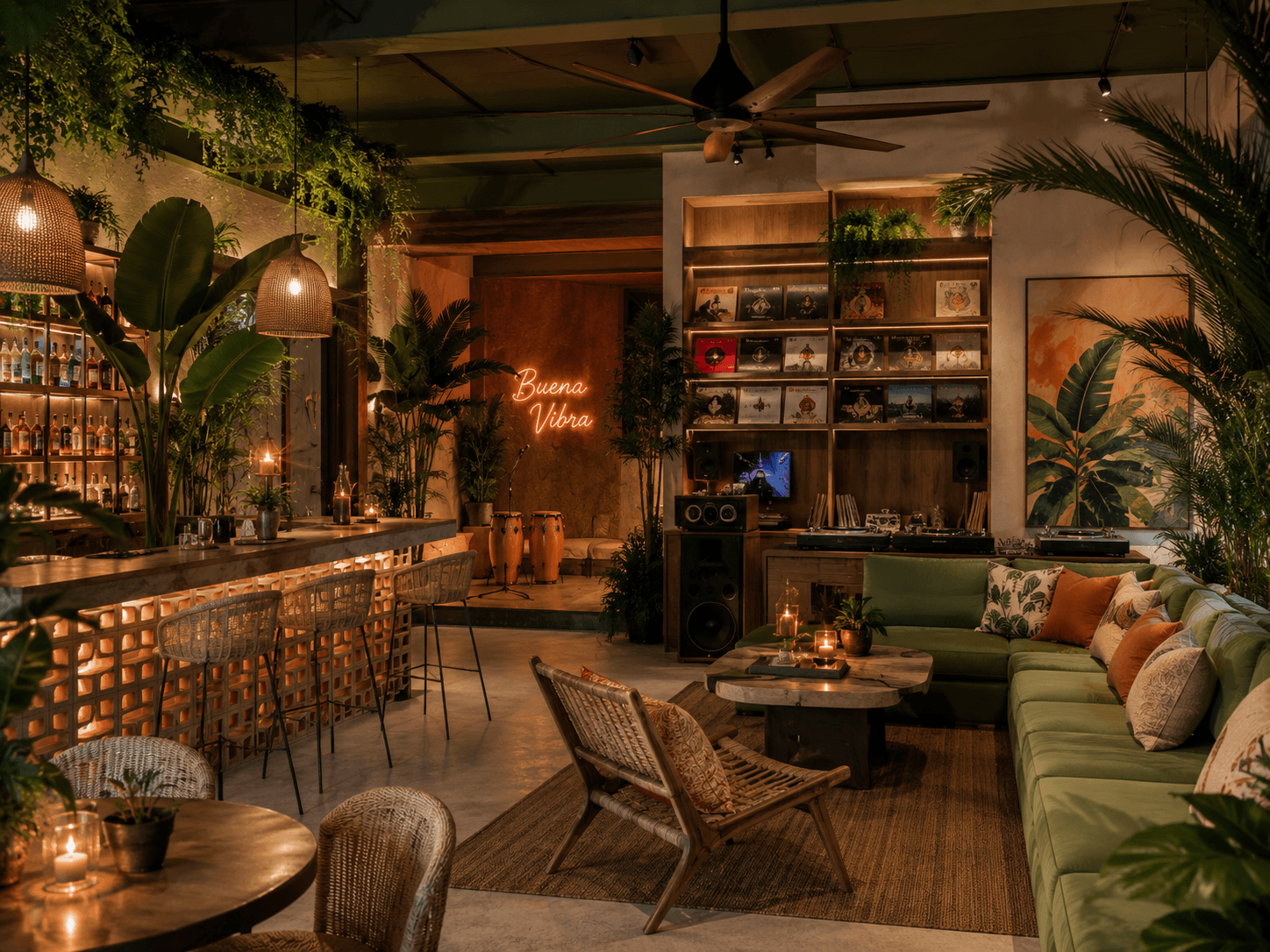 Tropical music lounge with plants, bar and vinyl collection