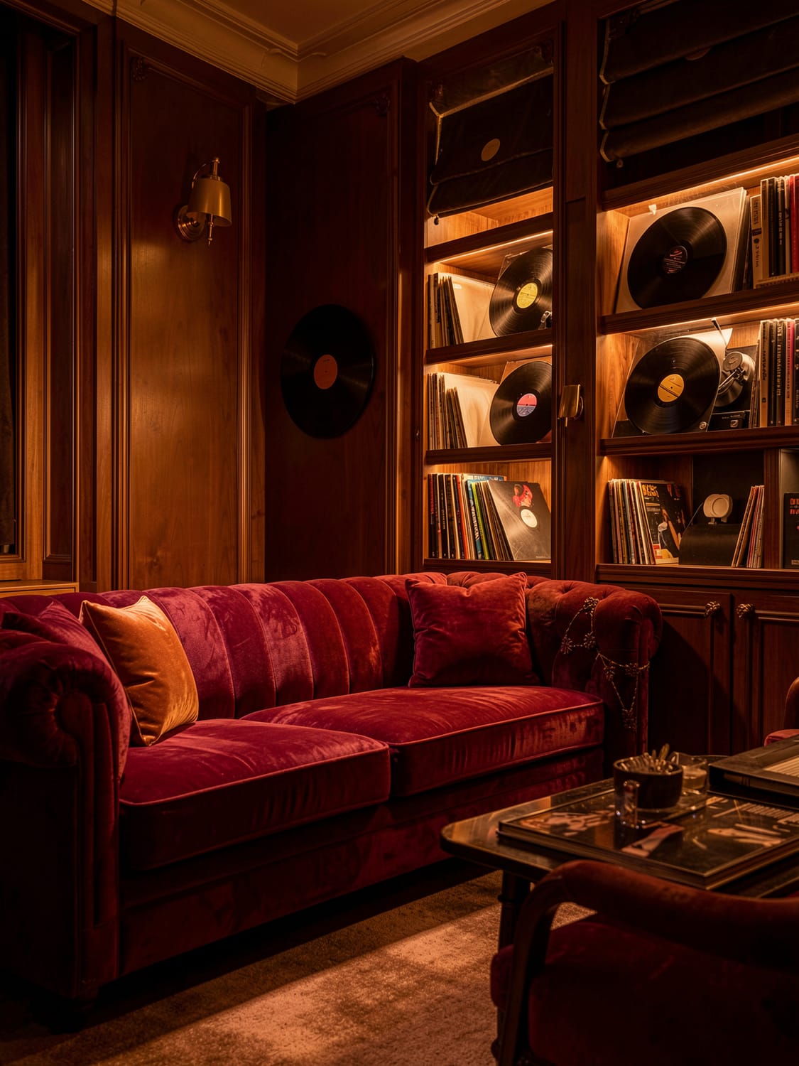 Warm music lounge detail with vinyl, velvet seating and wood walls
