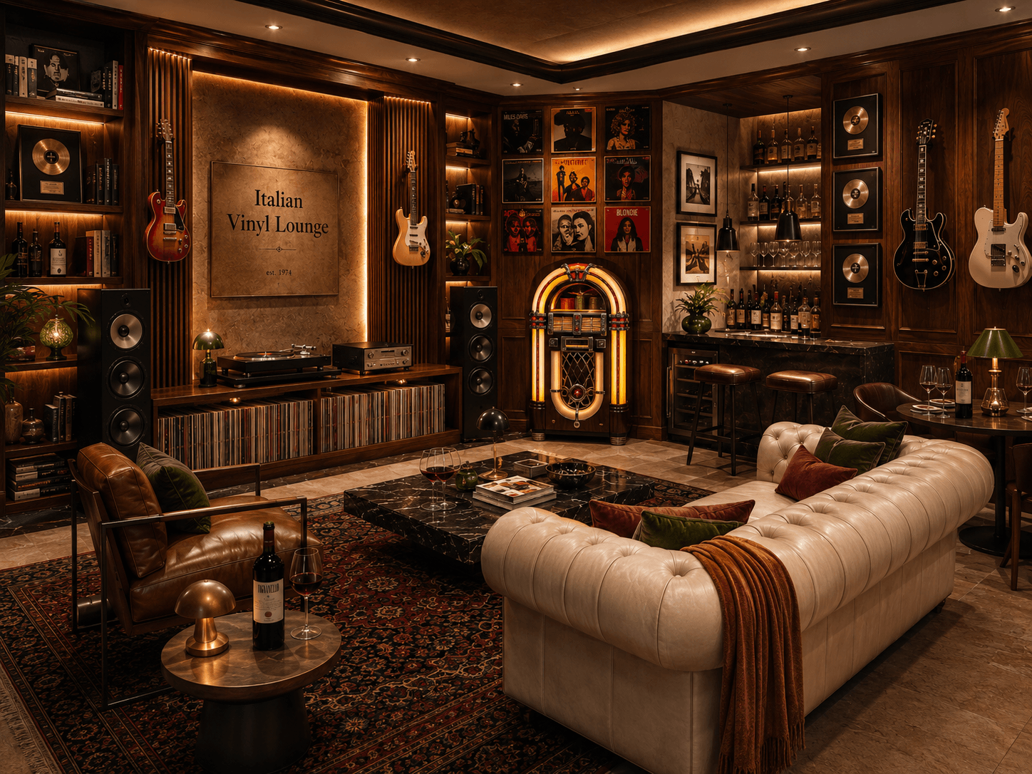 Italian vinyl lounge with champagne sofa, jukebox and guitars