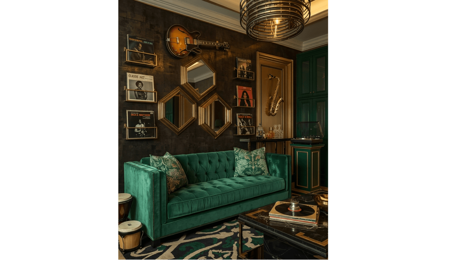 Listening room corner with green velvet sofa and turntable