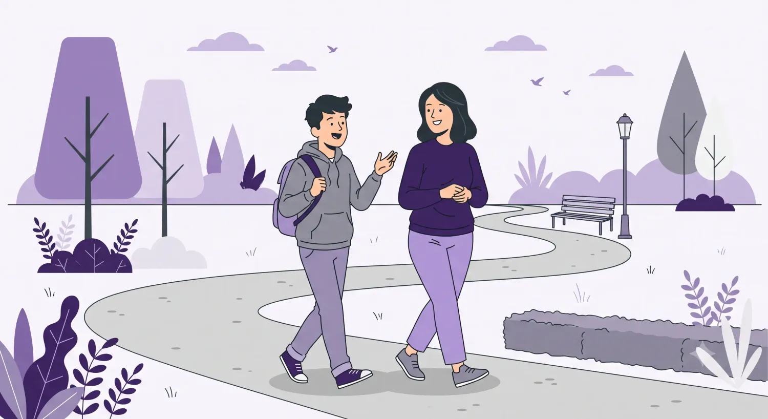 Supportive mum walking and conversing with learner driver son 