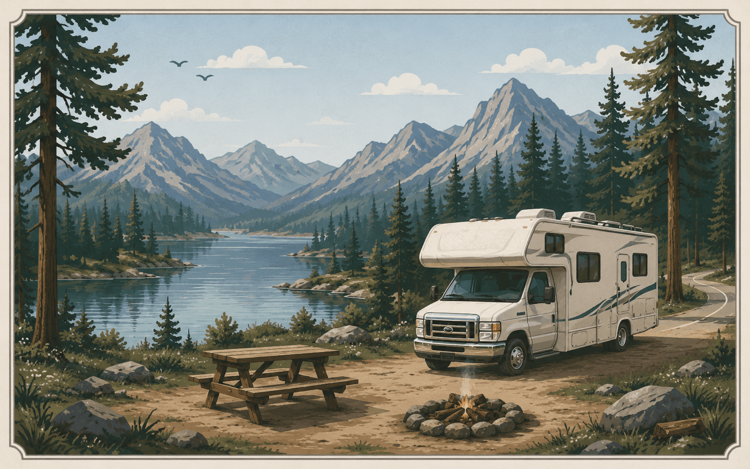RV parked beside a lake with mountains in the background