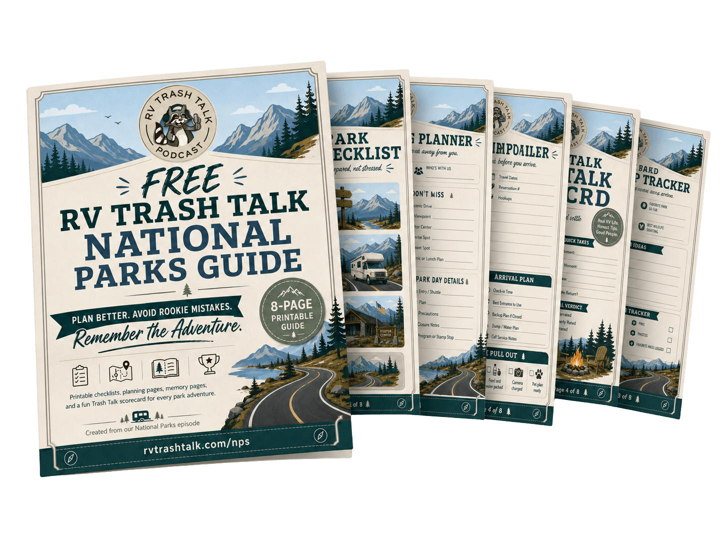 Printable RV Trash Talk National Parks Guide pages fanned out