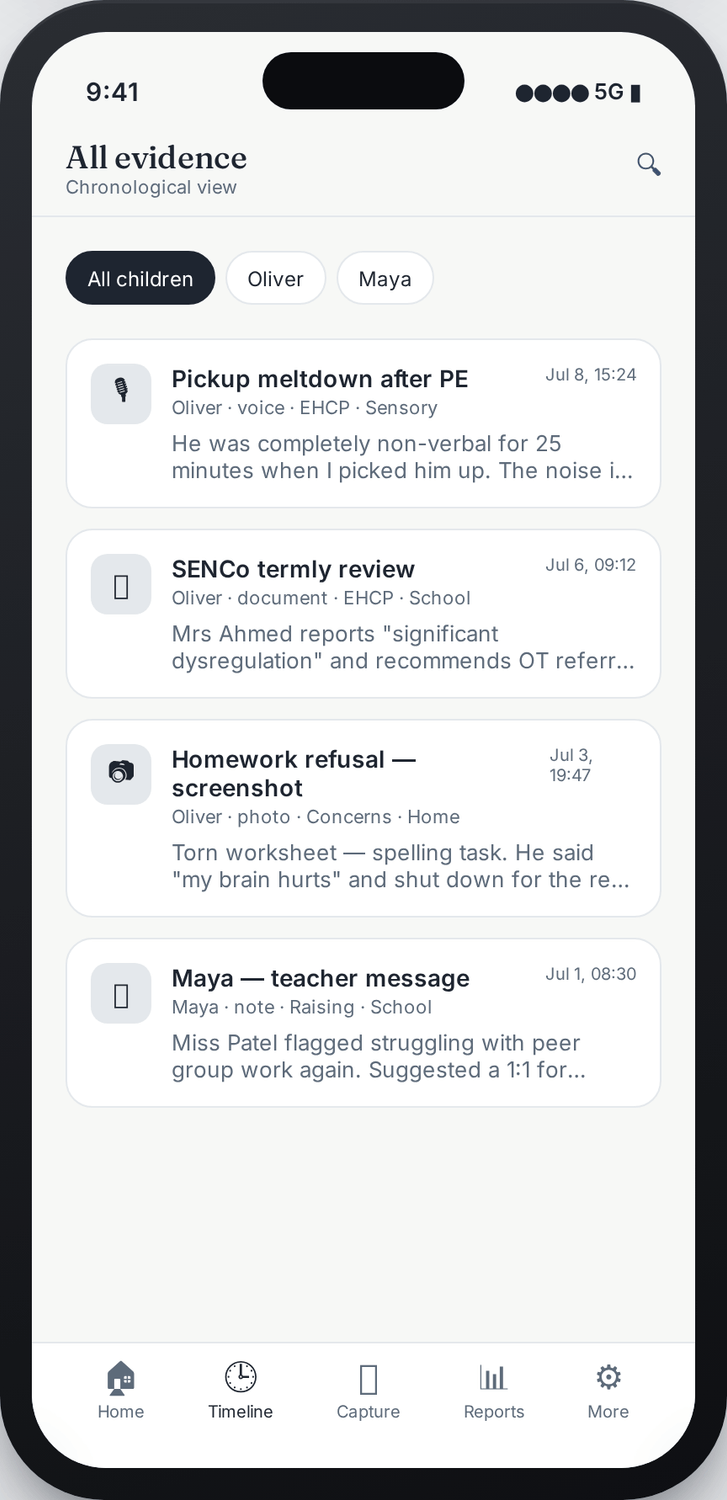 SENTracker evidence timeline screen