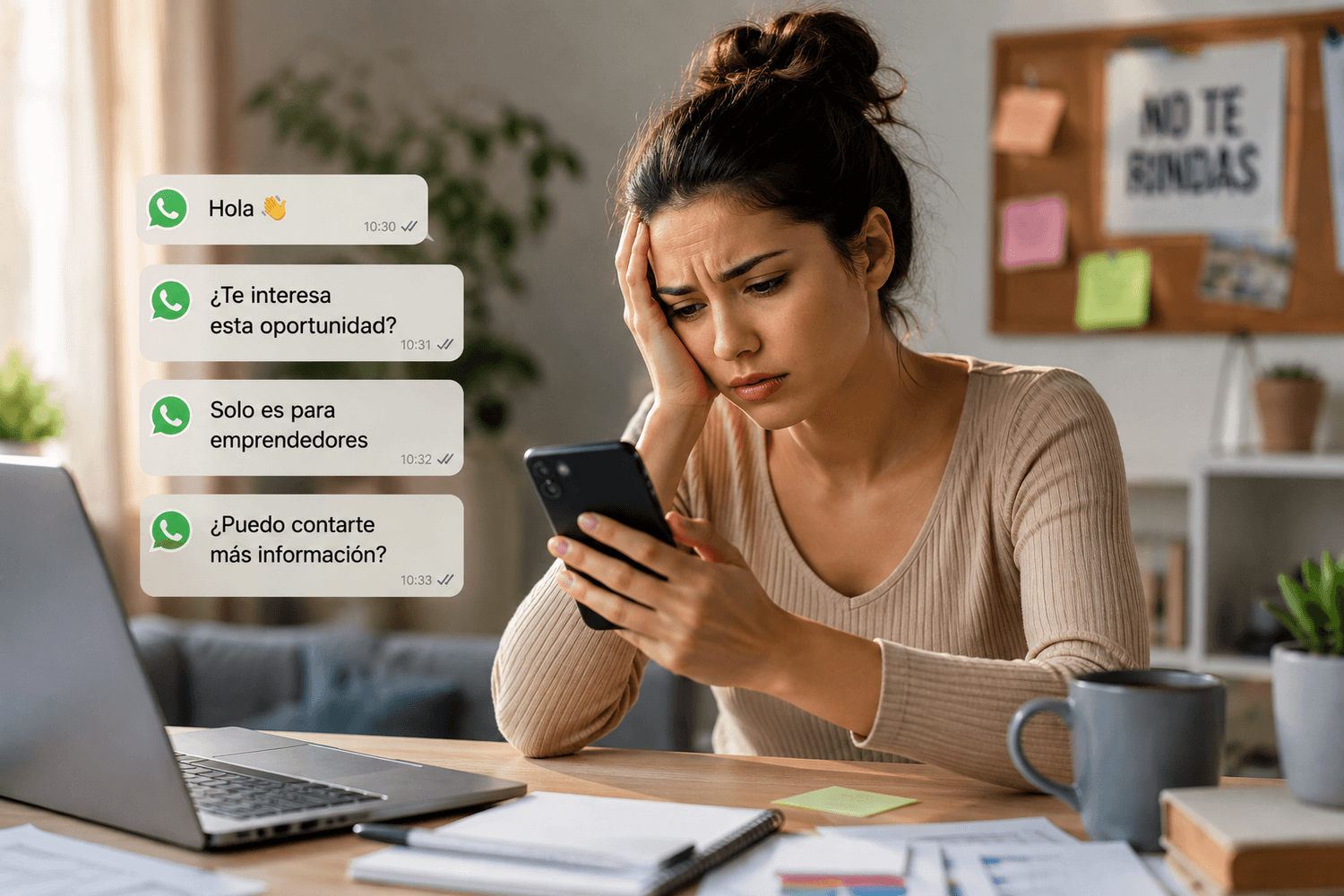 Mujer emprendedora frustrada persiguiendo clientes por WhatsApp