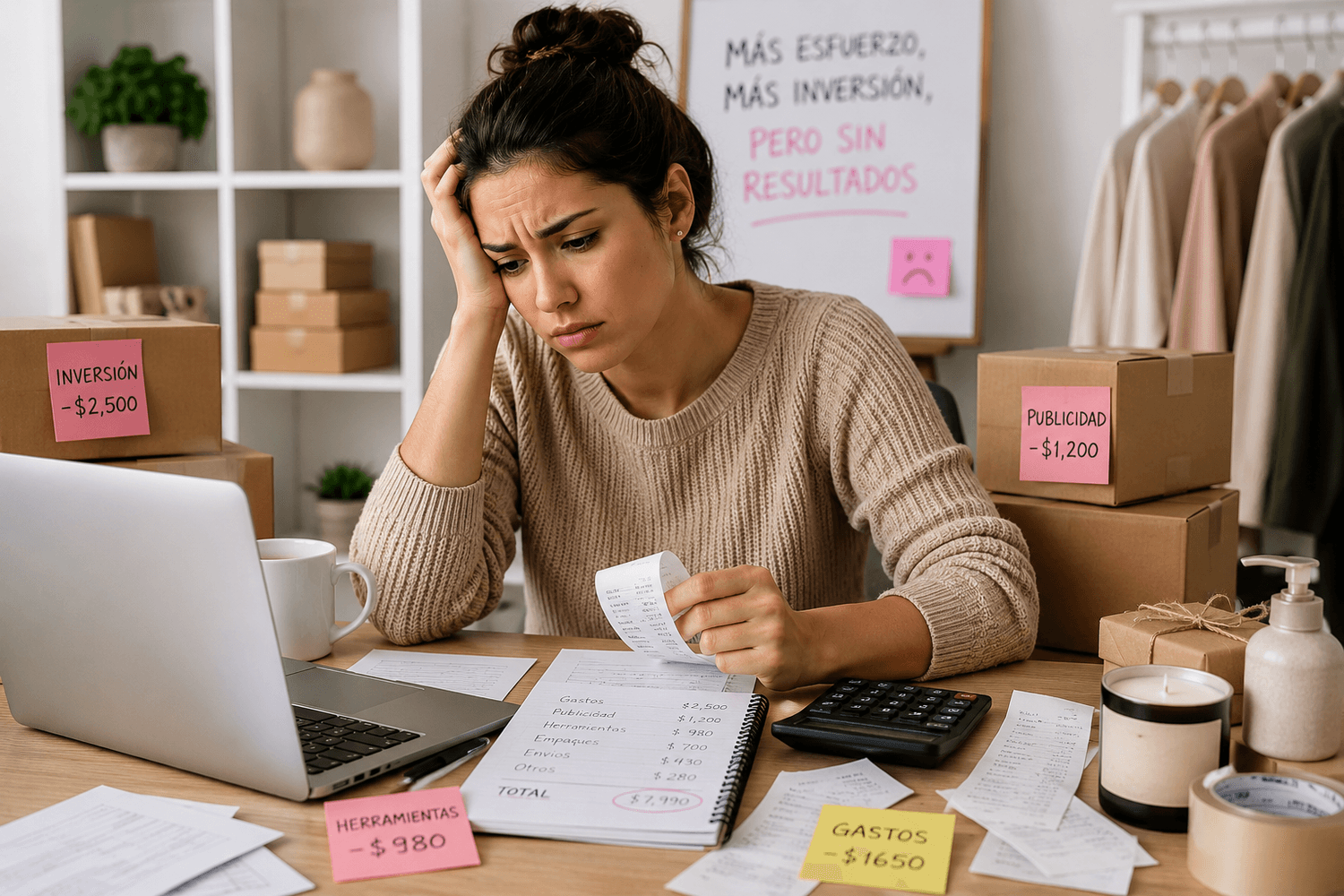 Mujer emprendedora frustrada por invertir en productos y herramientas sin resultados