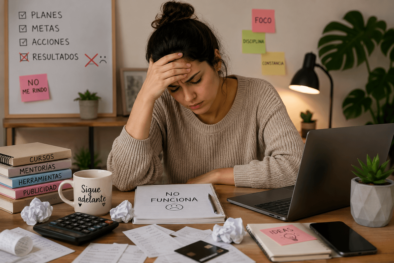Mujer emprendedora frustrada por no obtener resultados pese a su esfuerzo