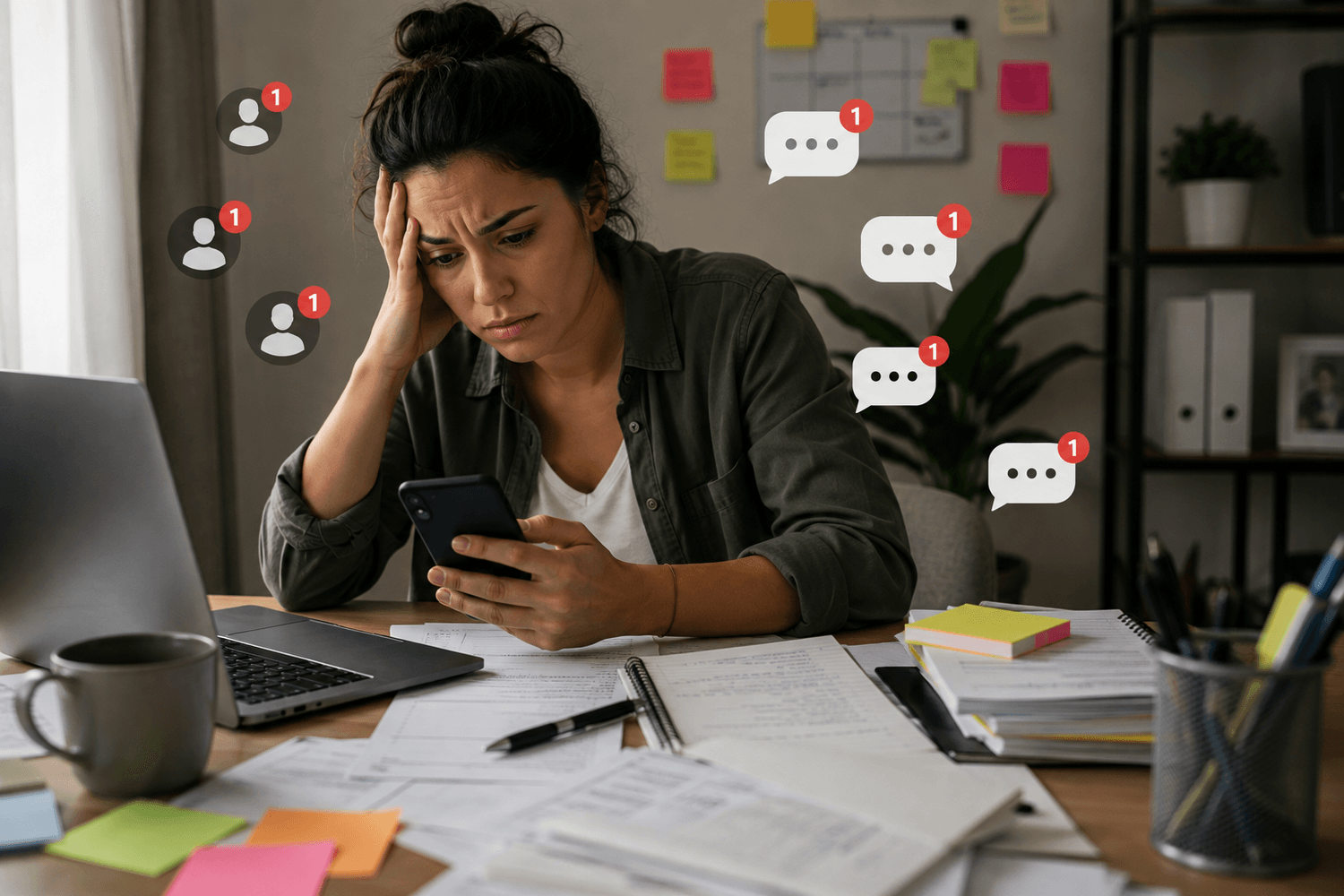 Mujer emprendedora agobiada por mensajes y contactos de clientes