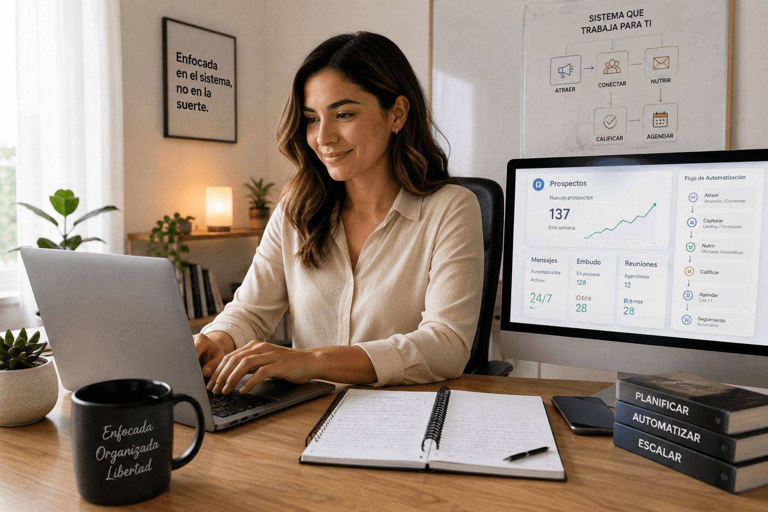 Mujer emprendedora utilizando un sistema de prospección digital automatizado