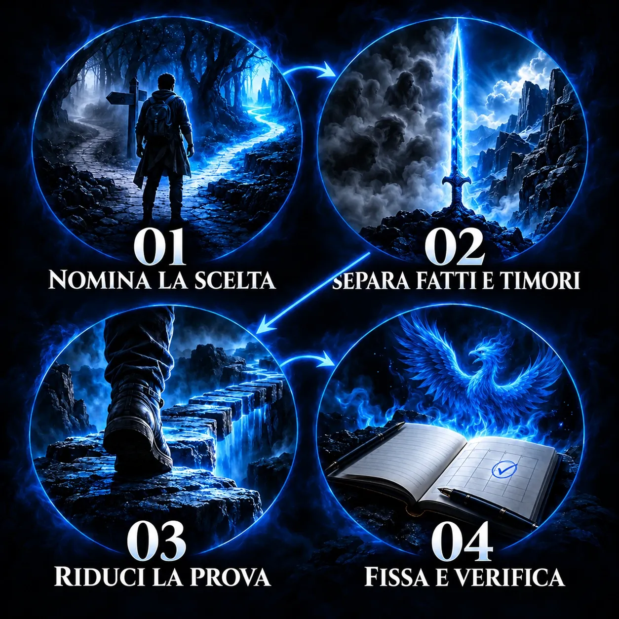 Dal rinvio al primo passo: 01 nomina la scelta, 02 separa fatti e timori, 03 riduci la prova, 04 fissa e verifica. Illustrazione nei colori di Leggenda Vivente.