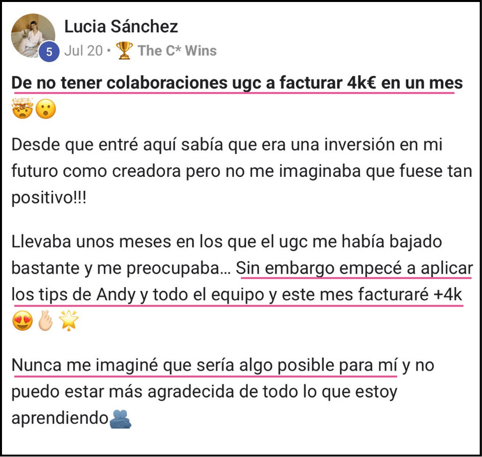 "Mi alumna Yatsy Perdomo recibió un DM de Lemme, la marca de suplementos de Kourtney Kardashian, ofreciéndole una colaboración después de aplicar el método del curso de UGC de Andrea Badillo."