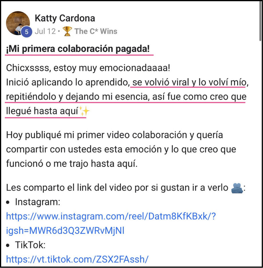 "Mi alumna Yatsy Perdomo recibió un DM de Lemme, la marca de suplementos de Kourtney Kardashian, ofreciéndole una colaboración después de aplicar el método del curso de UGC de Andrea Badillo."