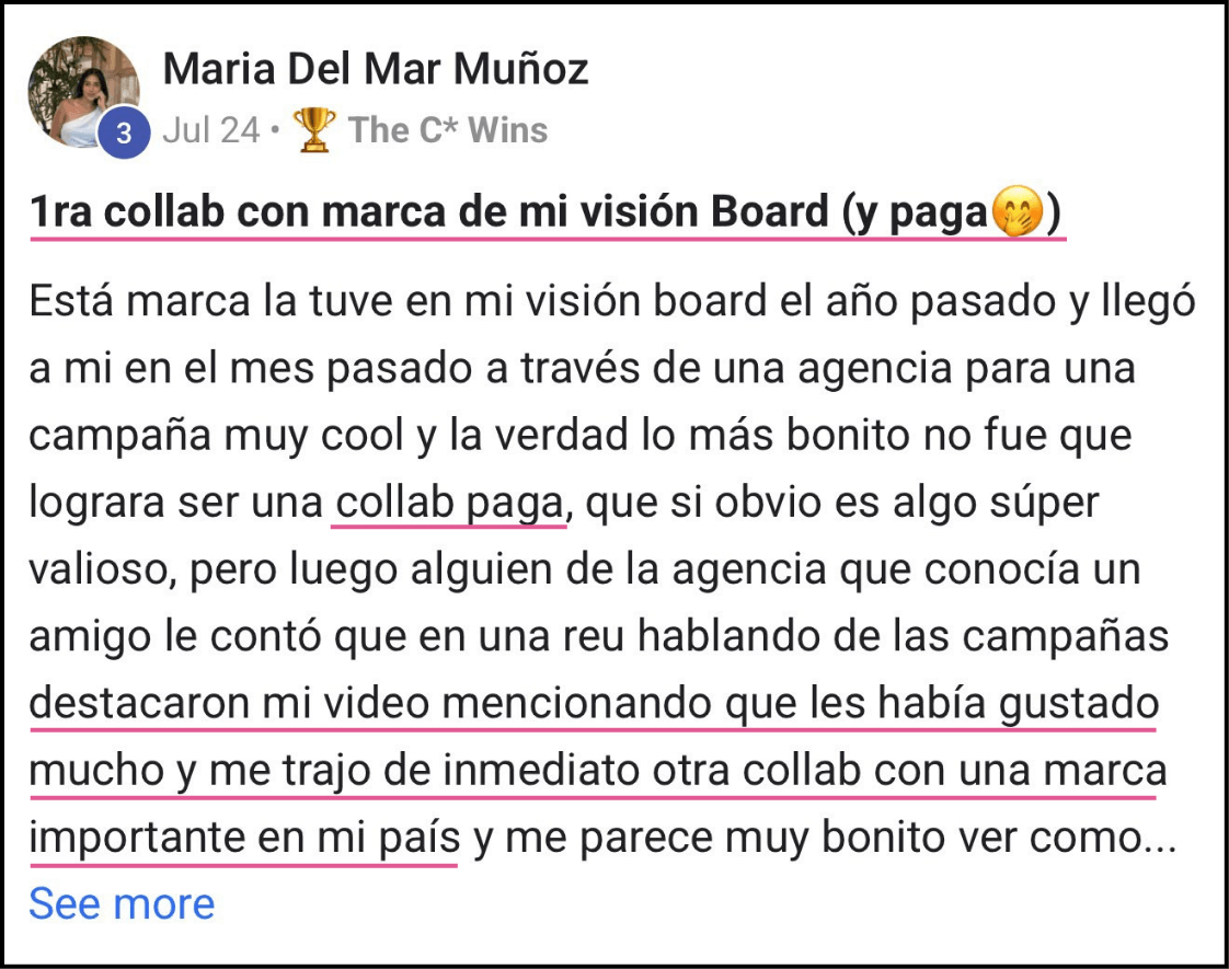 "Mi alumna Yatsy Perdomo recibió un DM de Lemme, la marca de suplementos de Kourtney Kardashian, ofreciéndole una colaboración después de aplicar el método del curso de UGC de Andrea Badillo."
