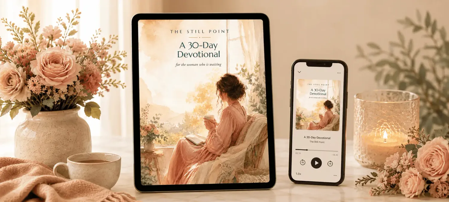 The Still Point devotional on a tablet beside the audiobook playing on a phone