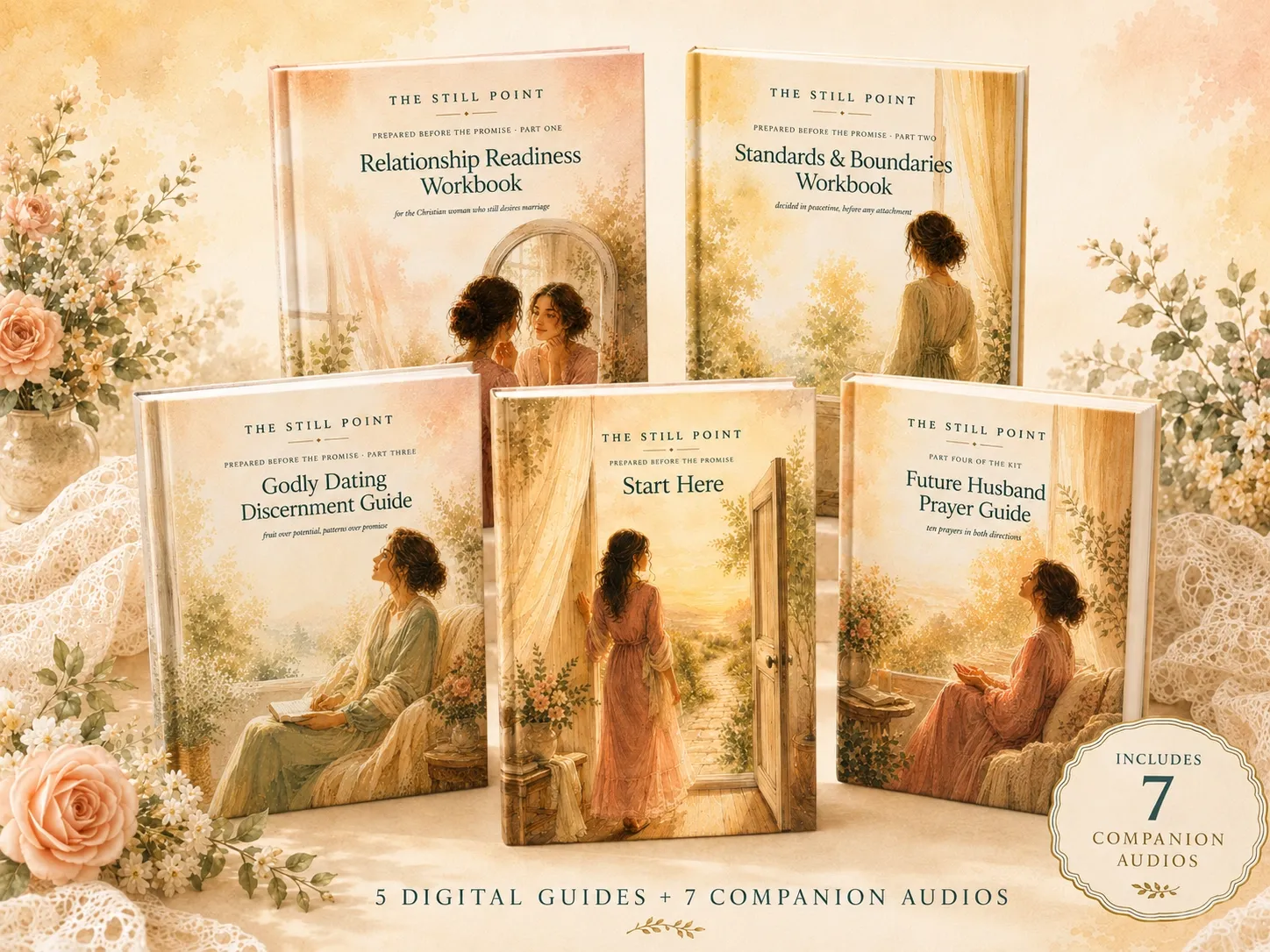 Prepared Before the Promise — five guides shown step by step, with seven companion audios