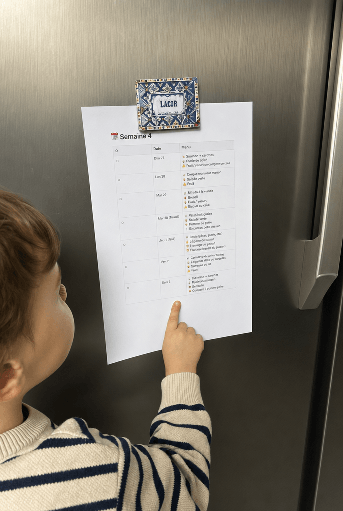 Planning de diversification alimentaire bébé imprimé et collé sur un frigo