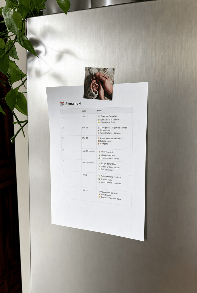 Plan de repas bébé 4-8 mois affiché dans une cuisine