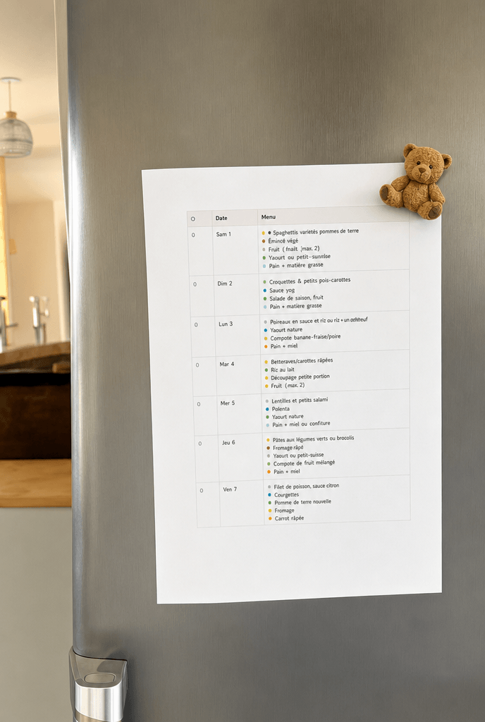 Planning bébé imprimé sur frigo — semaine de menus avec allergènes