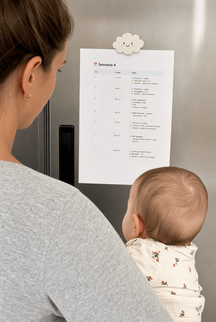 Plan diversification bébé collé sur frigo de cuisine, visible chaque matin