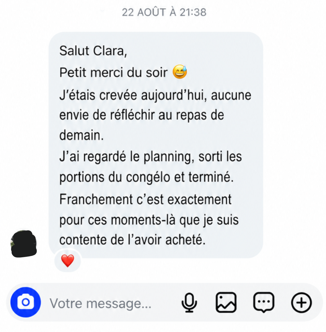 Message d’une maman expliquant que le planning lui évite de réfléchir au repas du lendemain.