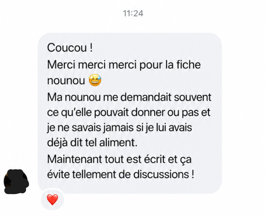 Message d’une maman expliquant que la fiche nounou facilite le suivi des aliments déjà testés.