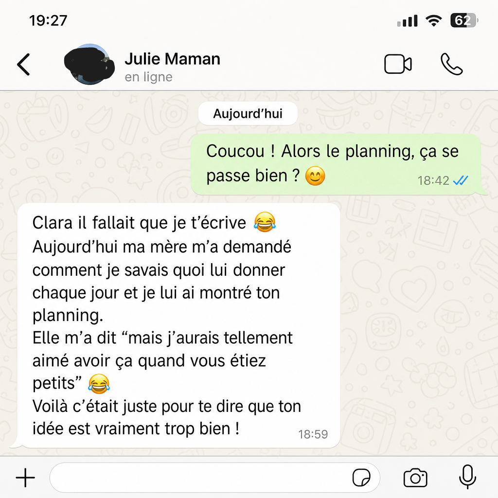 Message d’une maman expliquant que le planning lui indique quoi donner à son bébé chaque jour.