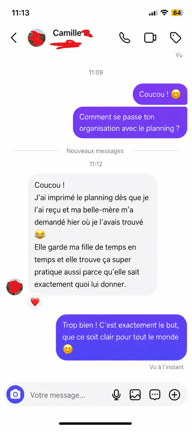 Message d’une maman expliquant que le planning aide sa belle-mère à savoir quoi donner à bébé.
