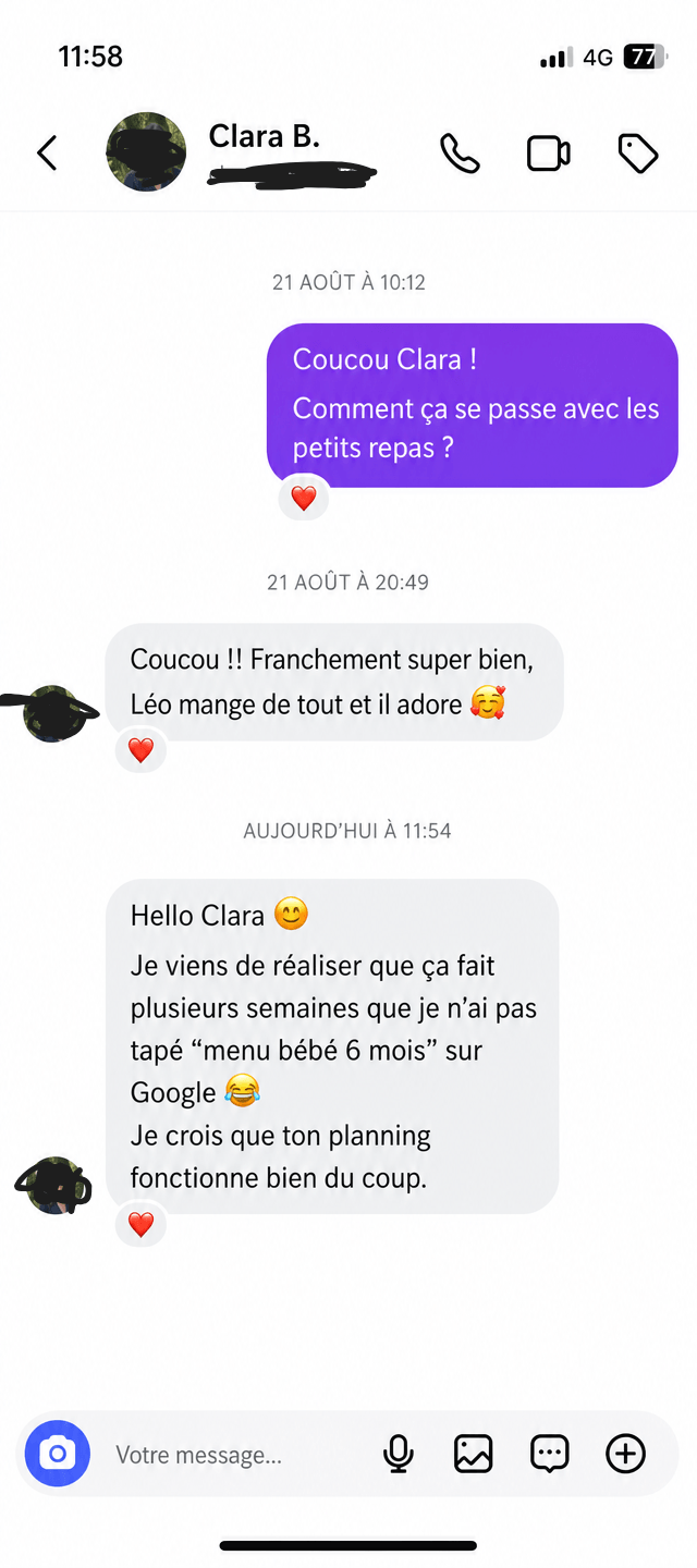 Message d’une maman expliquant qu’elle ne cherche plus de menus bébé 6 mois sur Google grâce au planning.