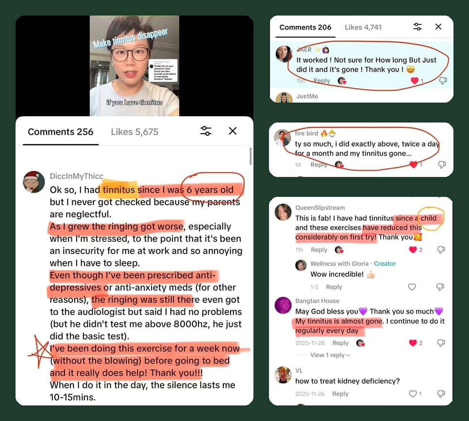 Real TikTok and Instagram comments on Gloria's tinnitus protocol