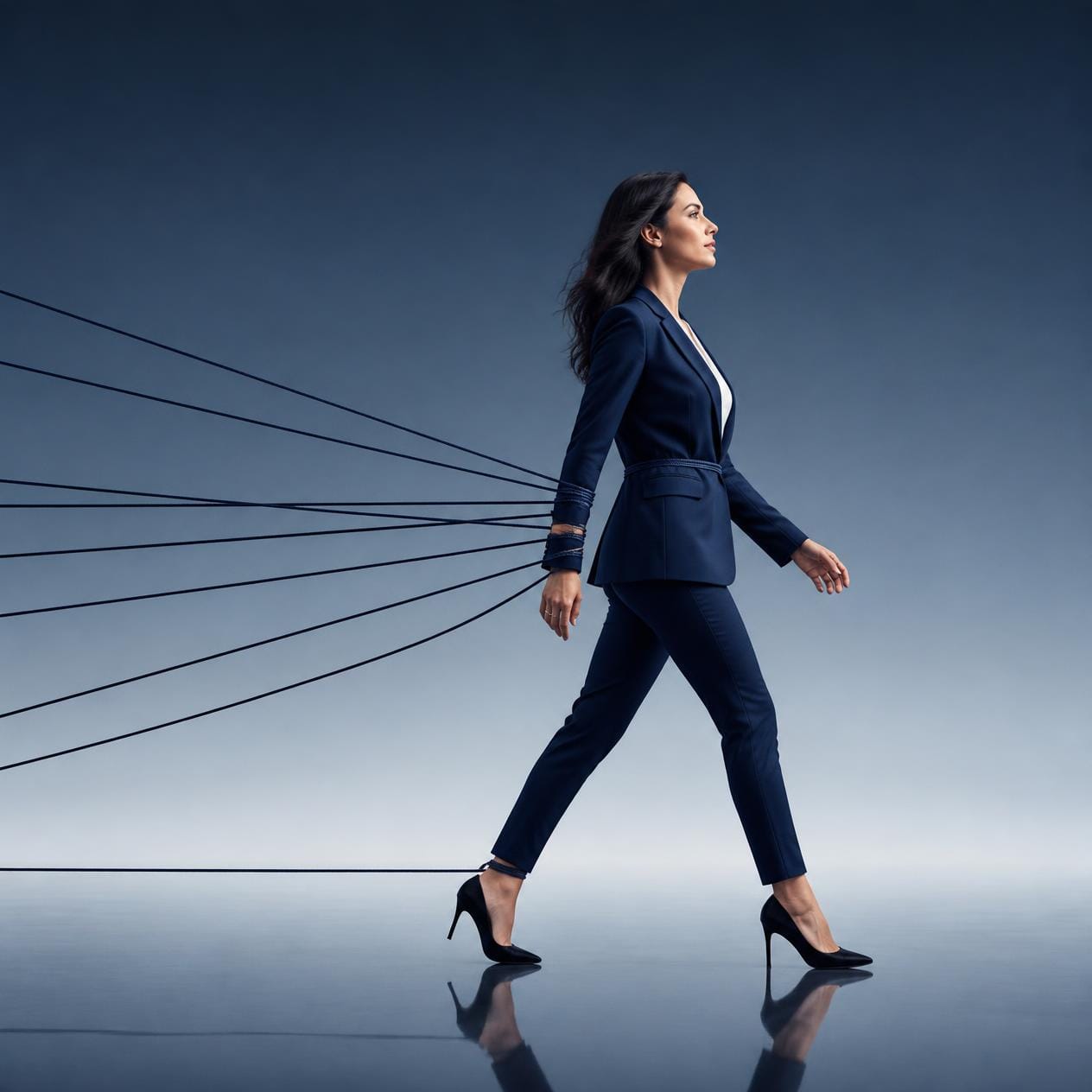 A woman in a navy suit walking forward while cords tied to her wrists, waist and ankle pull back behind her.