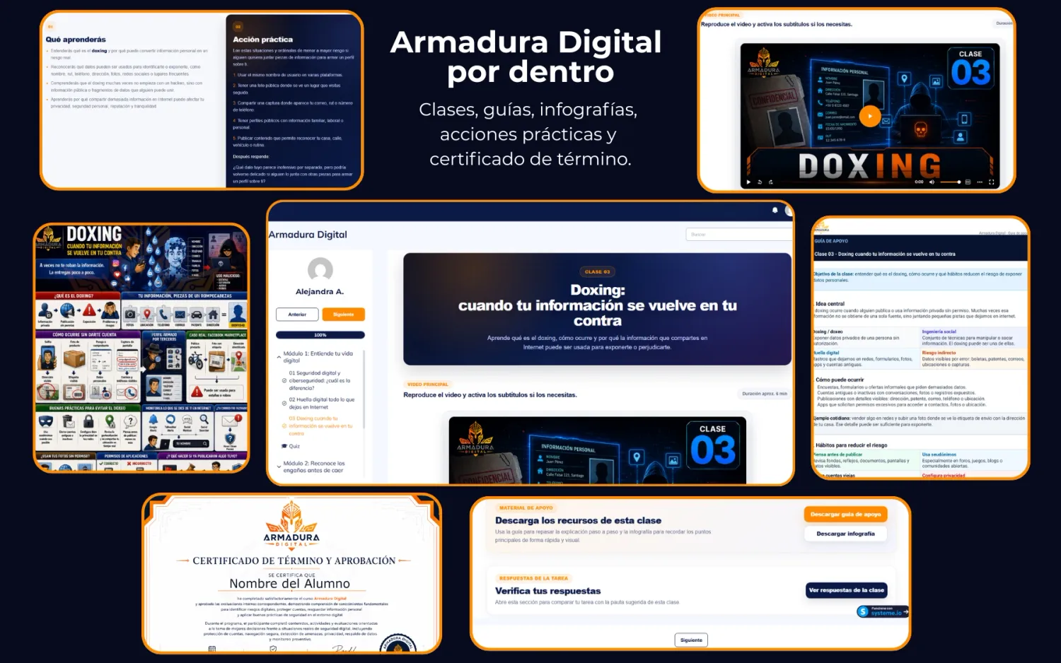 Vista interna del curso Armadura Digital con clases, guías, infografías, acciones prácticas y certificado de término
