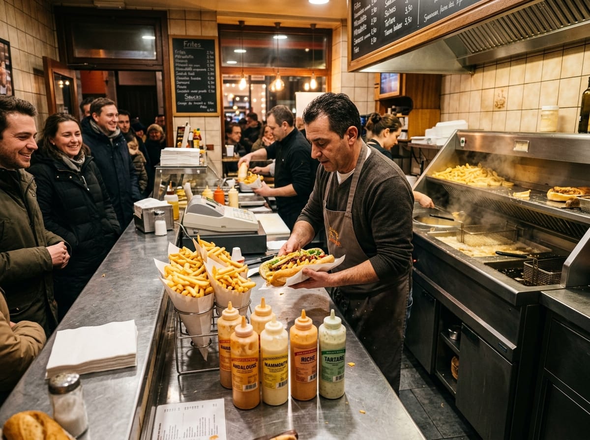 Ambiance de fritkot belge avec comptoir et commandes prêtes
