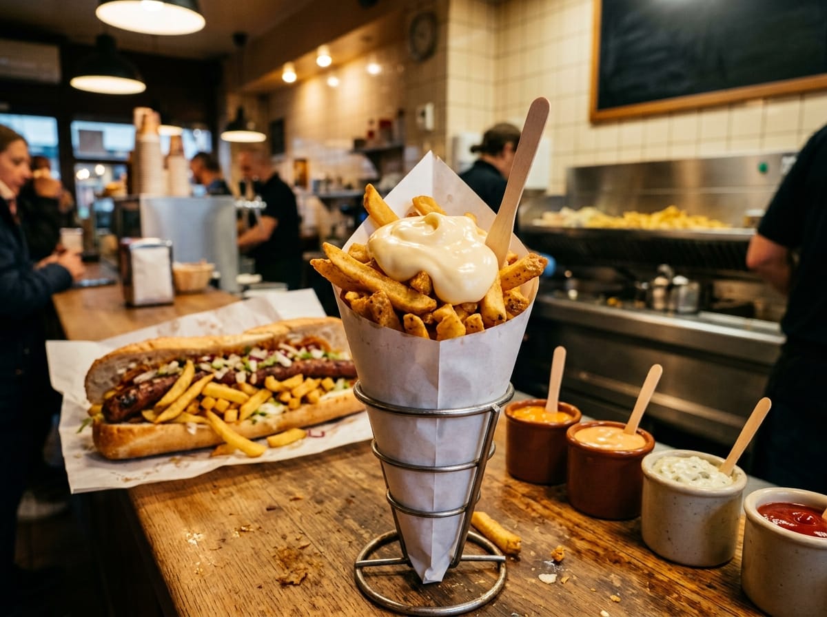 Cornet de frites belges, mitraillette et sauces dans une friterie