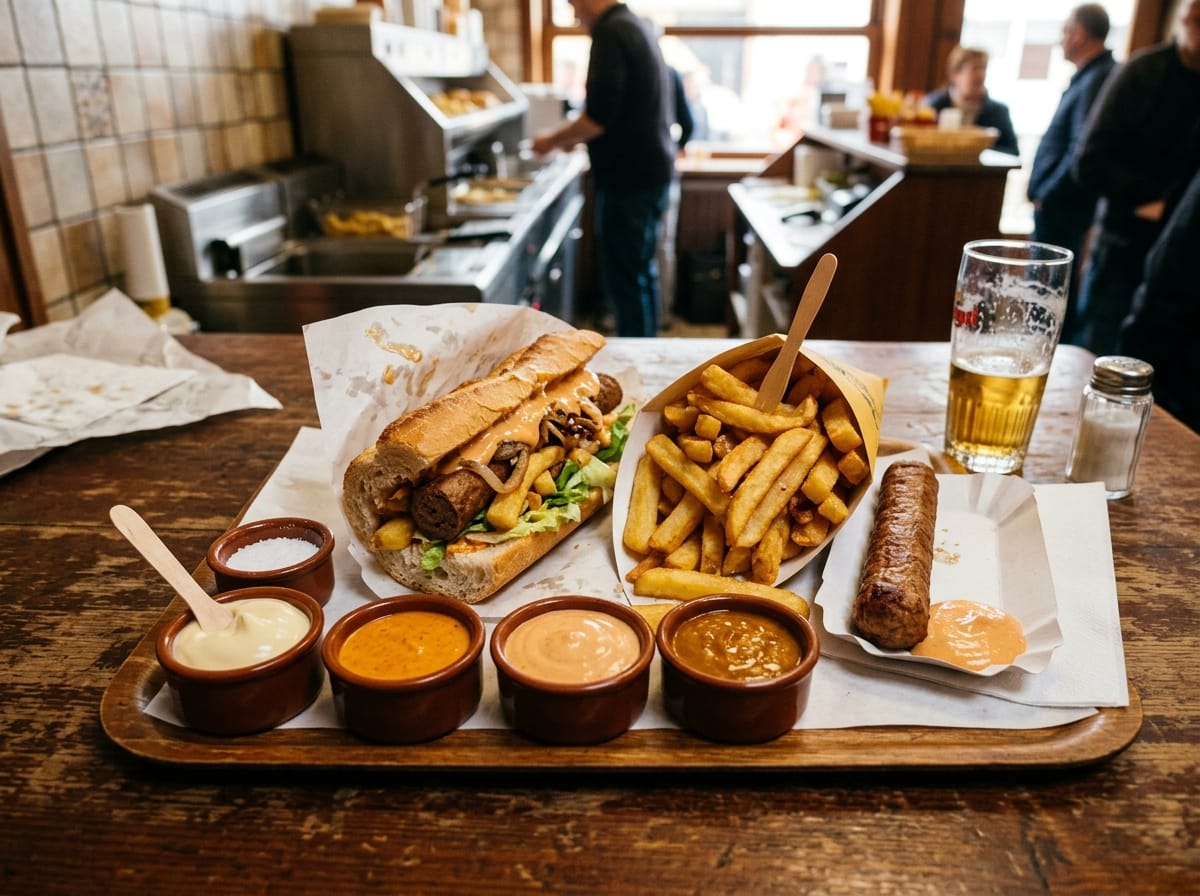 Produits phares de friterie belge avec frites, mitraillette, fricadelle et sauces