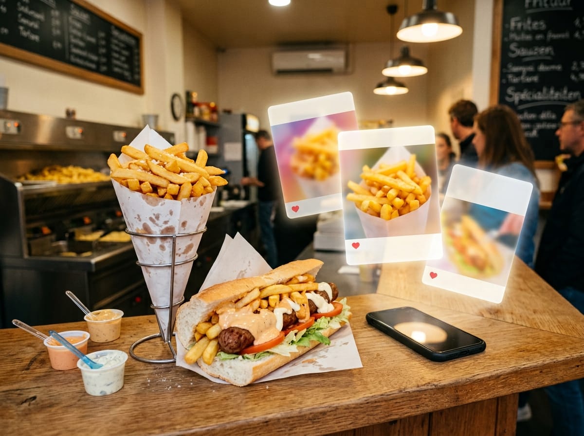 Réseaux sociaux pour friterie belge avec smartphone, frites et publications