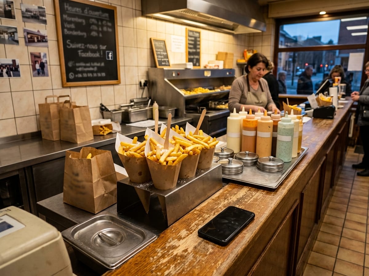 Comptoir de friterie belge avec commandes prêtes et téléphone pour infos pratiques
