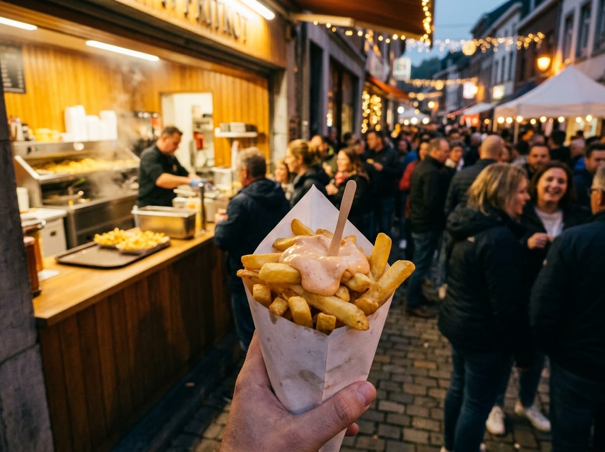 Friterie belge pendant une ambiance d’événement local en Wallonie