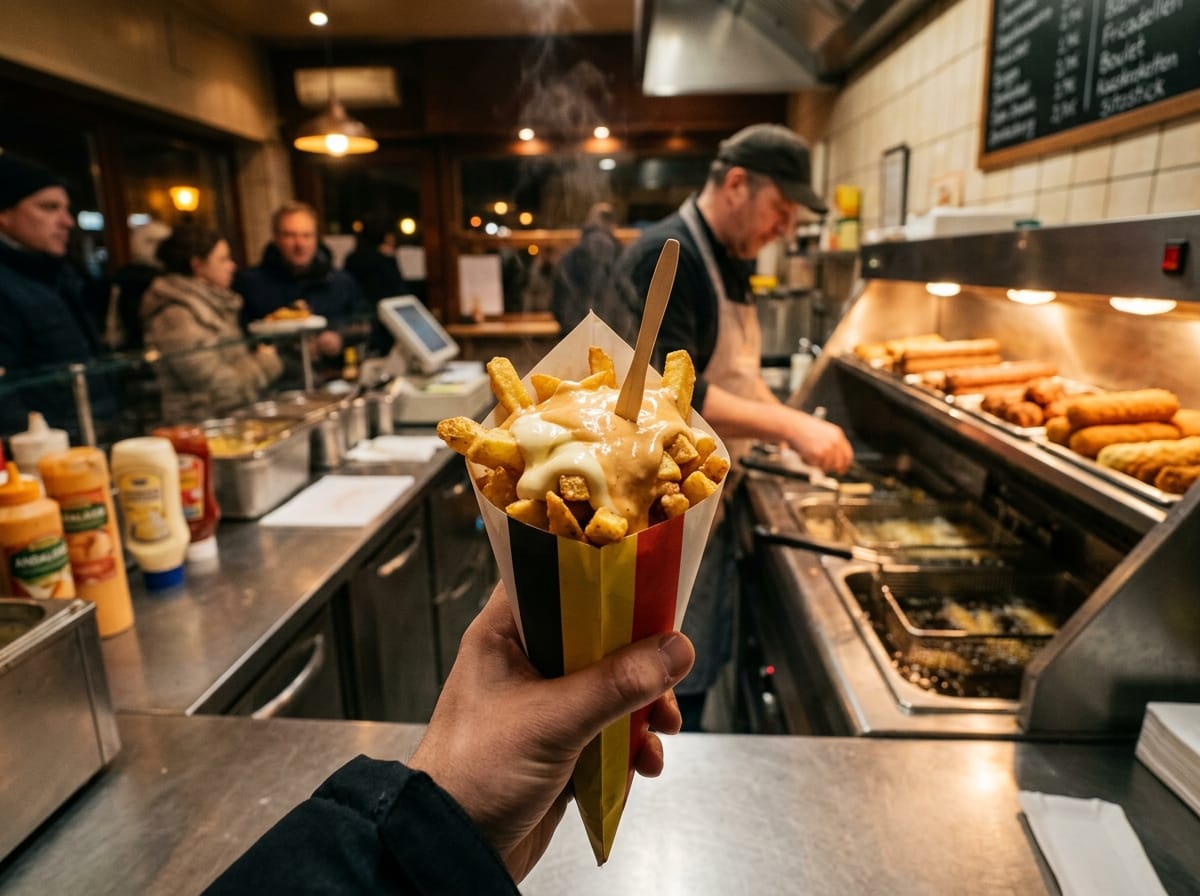 Gros plan gourmand sur des frites belges avec sauce