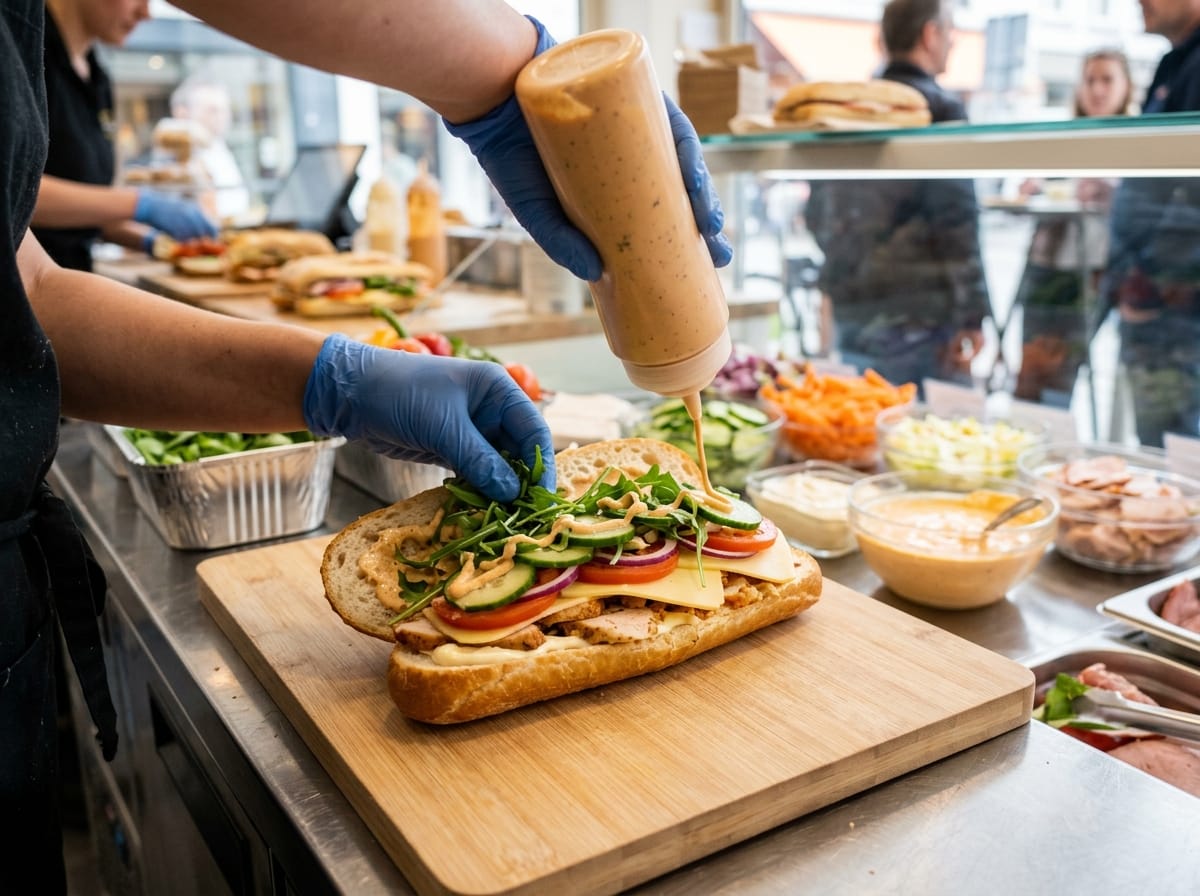 Dettaglio appetitoso di un panino fresco preparato al momento