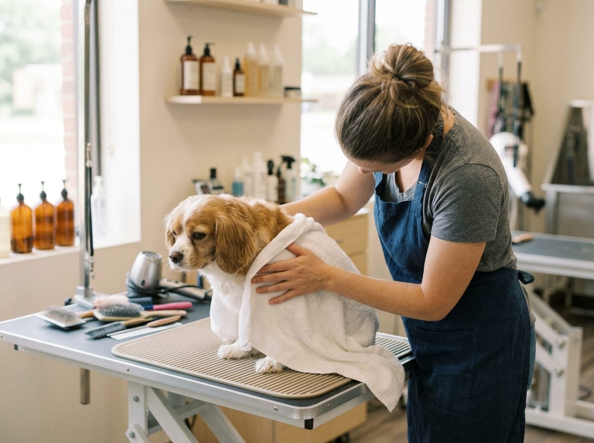 Toelettatore che prepara un cane in un salone di toelettatura