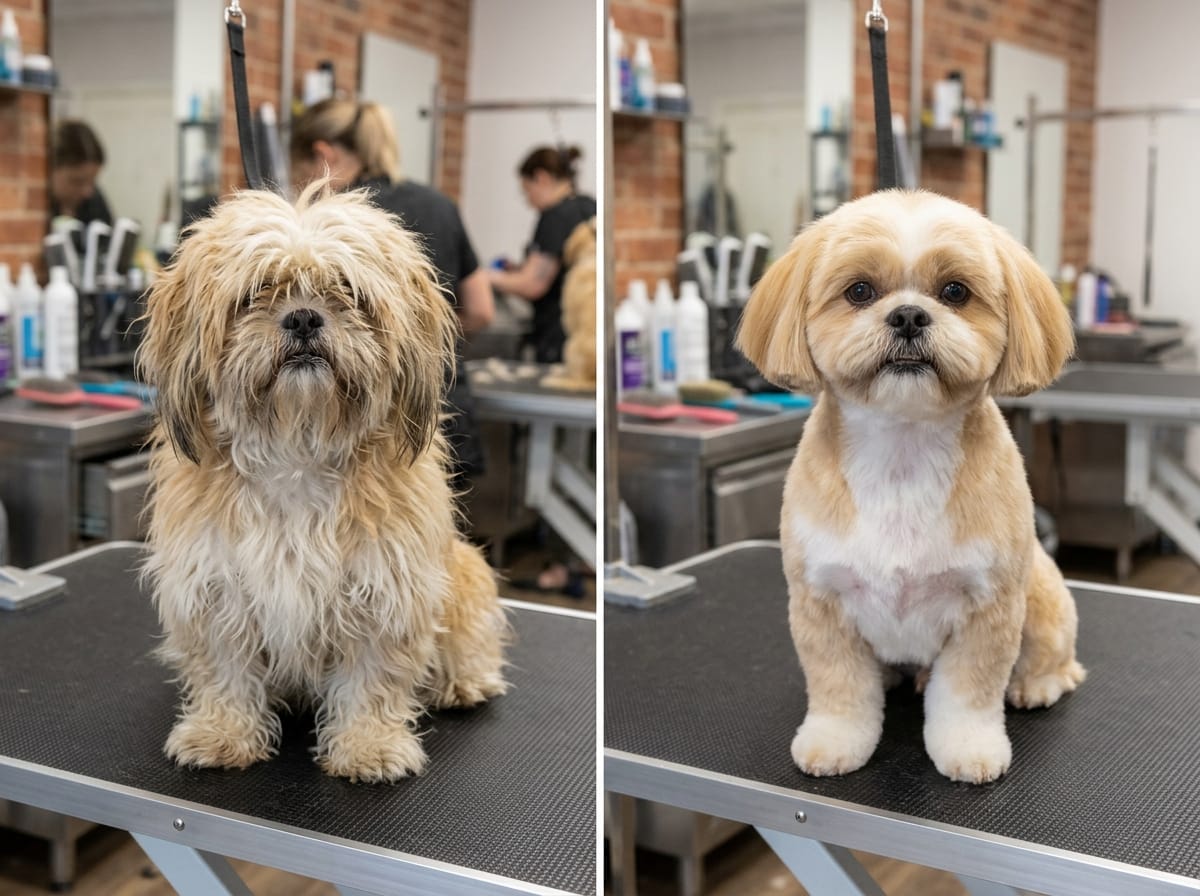 Prima e dopo di un cane in un salone di toelettatura