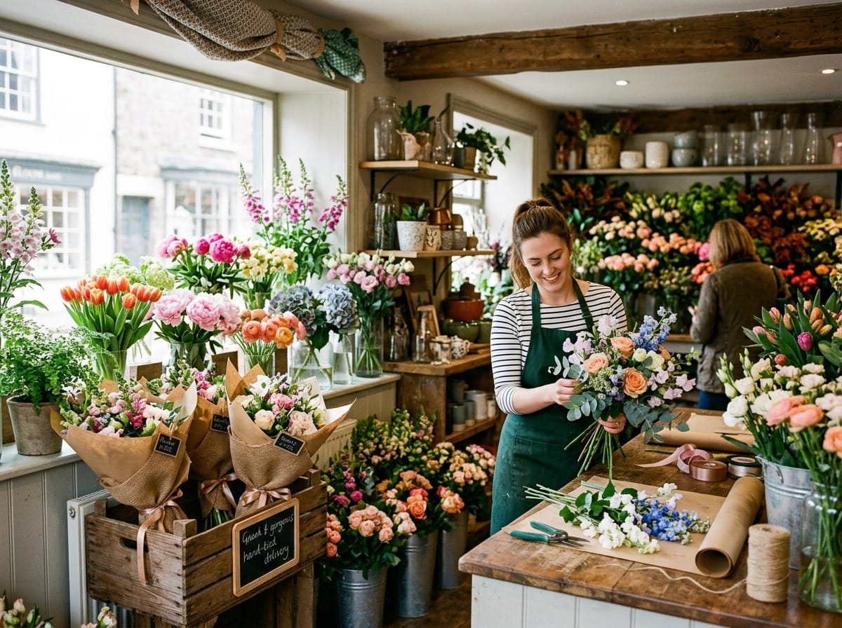 Negozio di fiori con bouquet e composizioni floreali