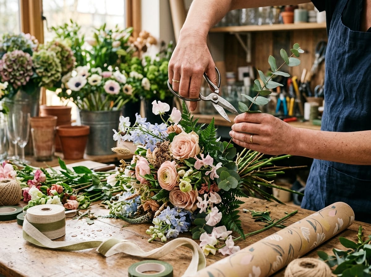 Fiorista mentre prepara un bouquet
