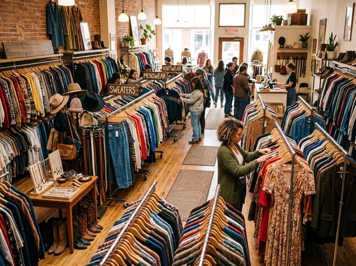 Negozio second hand con stand di abbigliamento usato