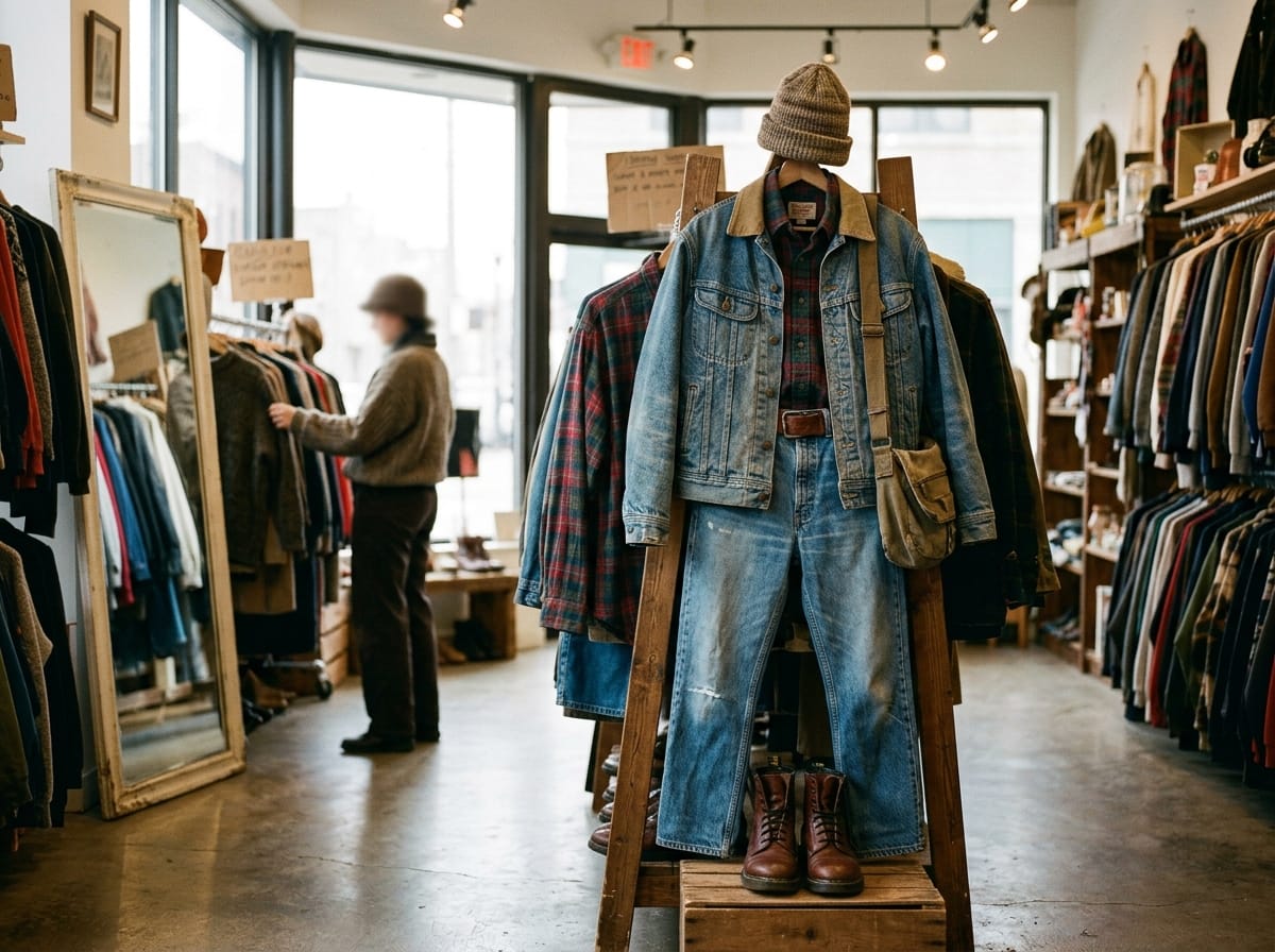 Look completi con abbigliamento second hand in un negozio vintage